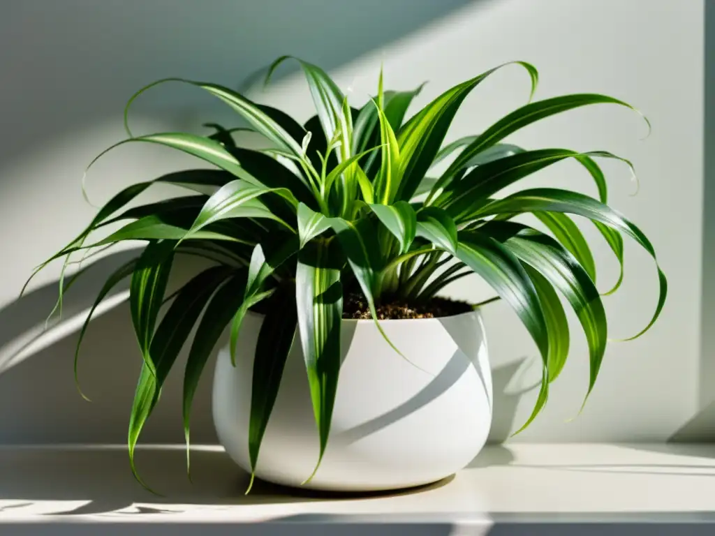 Una elegante maceta blanca con una exuberante planta araña verde, iluminada por la suave luz del sol