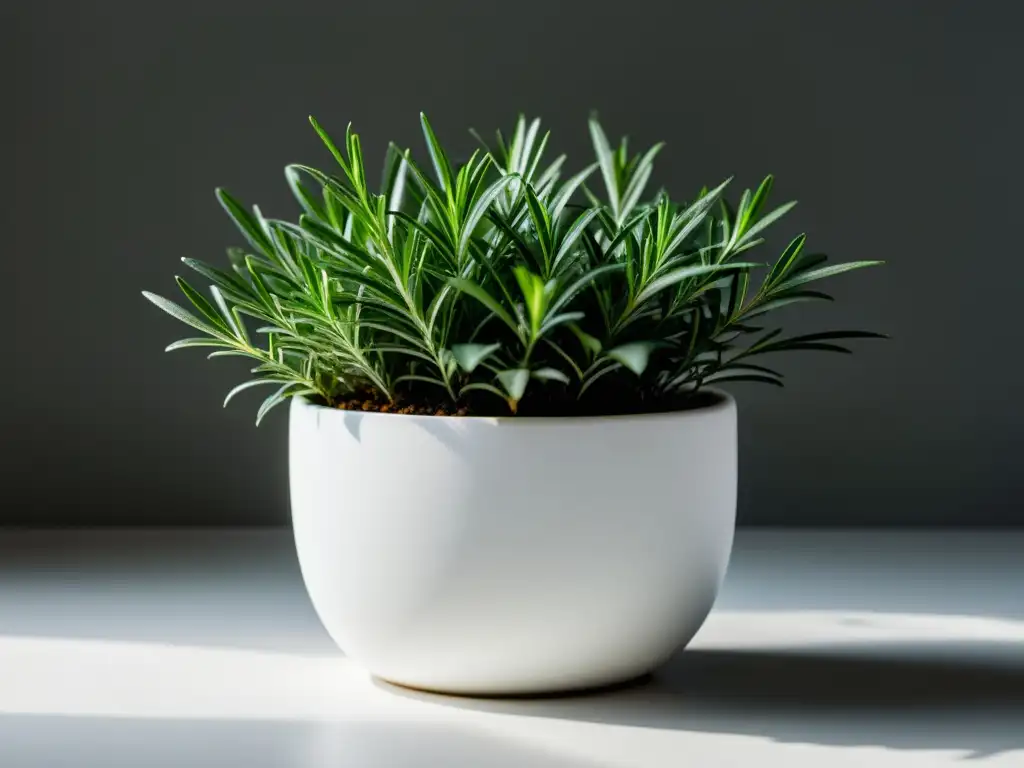 Una elegante maceta interior blanca de cerámica mate con un romero floreciente