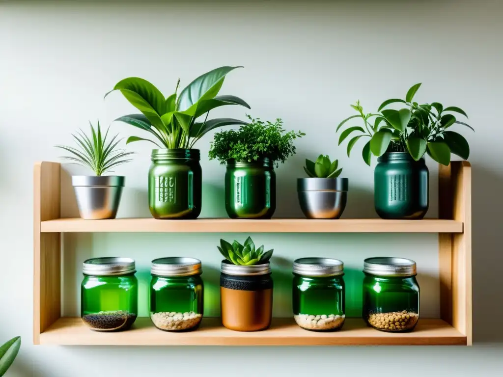 Jardín interior elegante con macetas DIY en estantes de madera y pared blanca