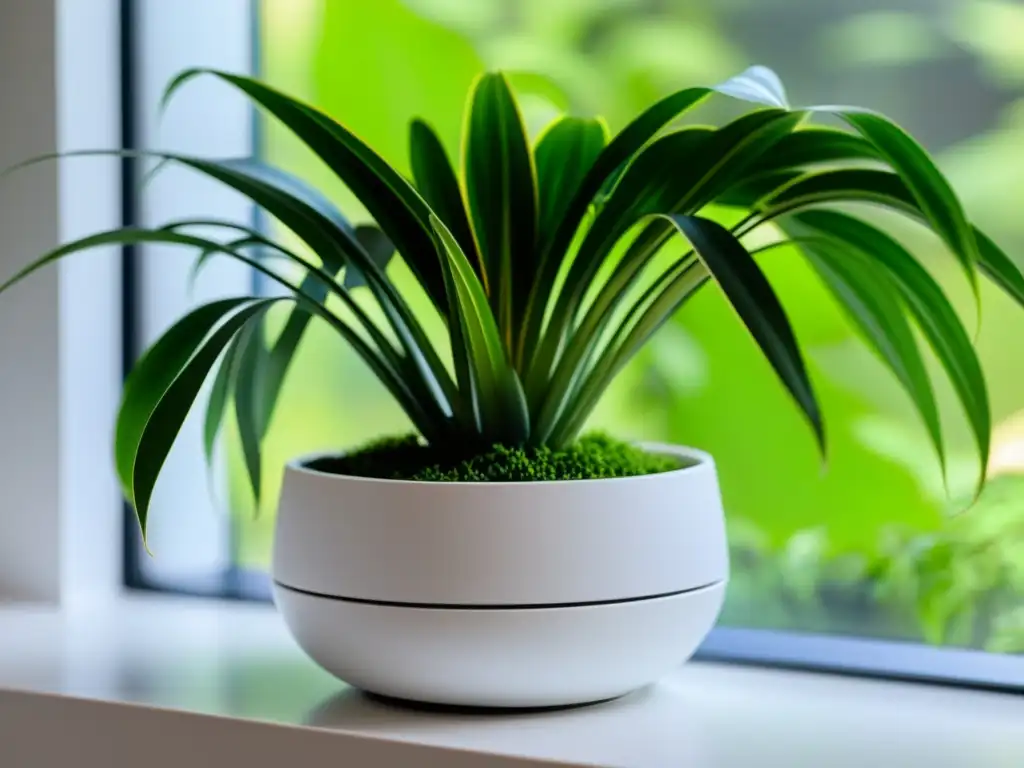 Un elegante macetero autoregante blanco con planta de interior, crea un ambiente sereno y transmite cuidado de plantas de interior durante vacaciones