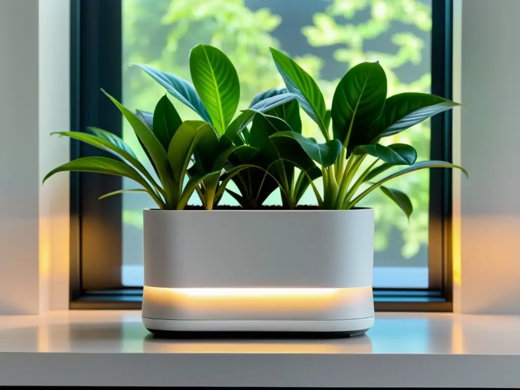 Un elegante macetero inteligente blanco con plantas verdes vibrantes, iluminado por luz natural en una ventana