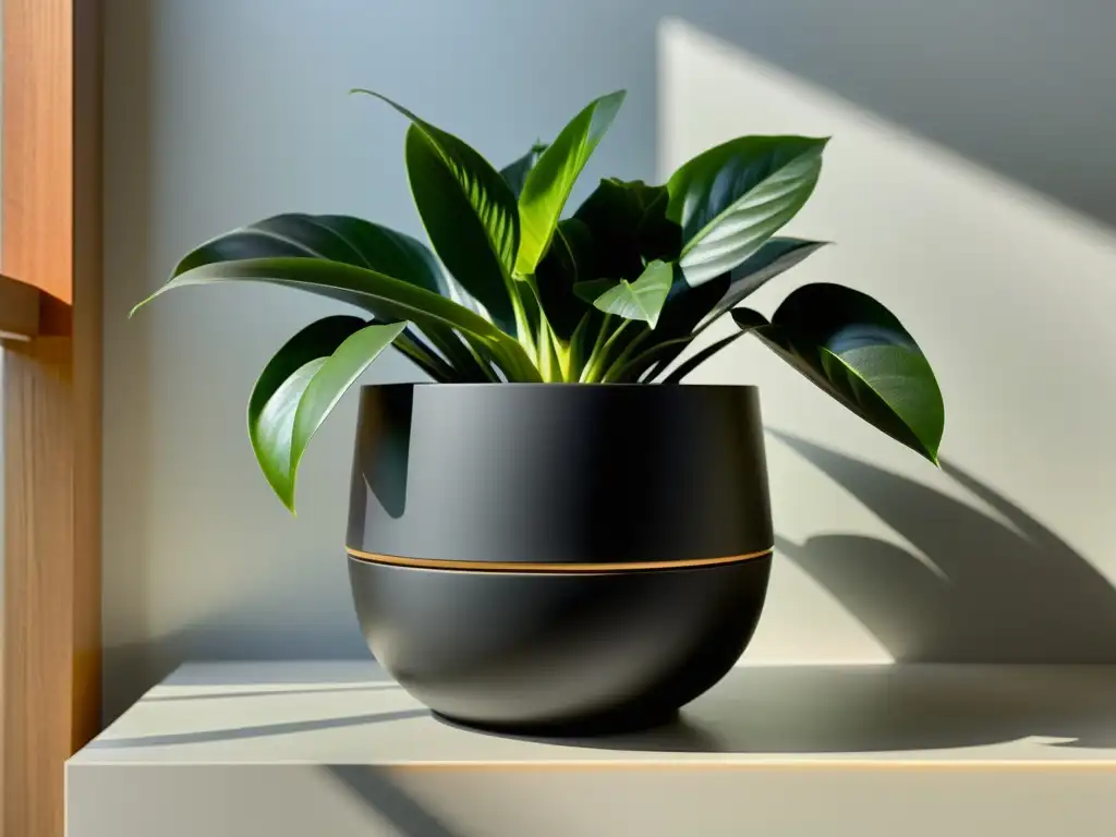 Un elegante macetero negro con variedad de plantas vibrantes, iluminado por luz natural