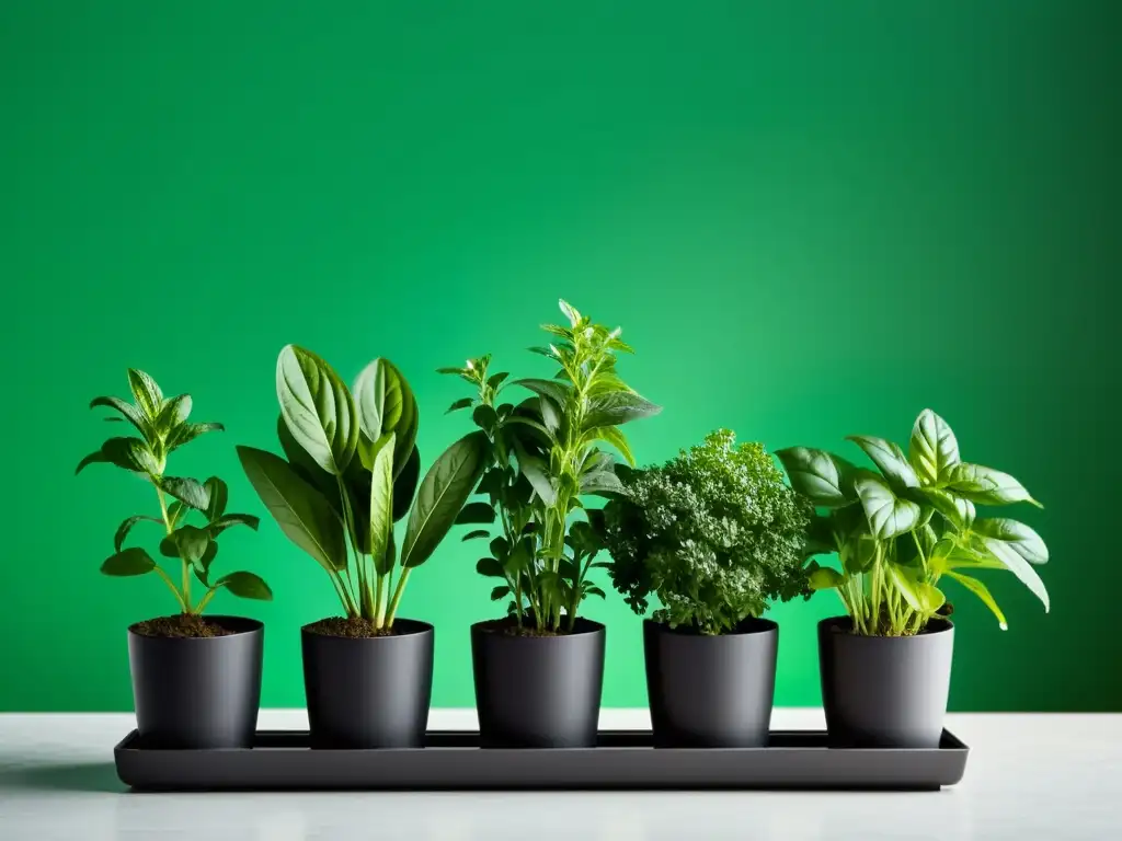 Un elegante minijardín de hierbas aromáticas en interiores, iluminado por luz natural, con diseño minimalista y plantas vibrantes