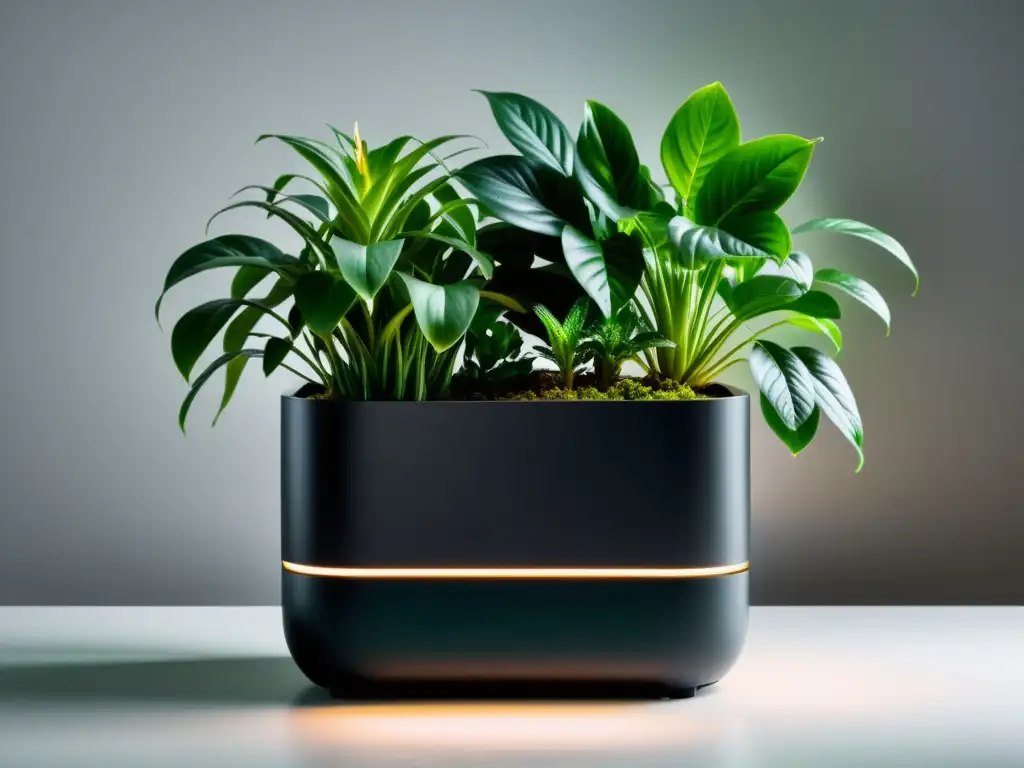 Un elegante y minimalista jardinera inteligente con luces LED integradas, rodeada de exuberantes plantas de interior