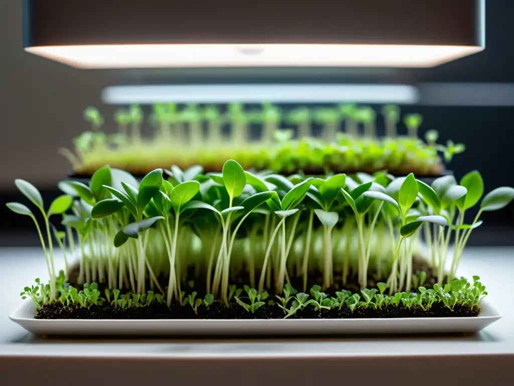 Jardín de microgreens moderno y elegante Una elegante y moderna huerta de brotes de interior, exudando sofisticación y precisión