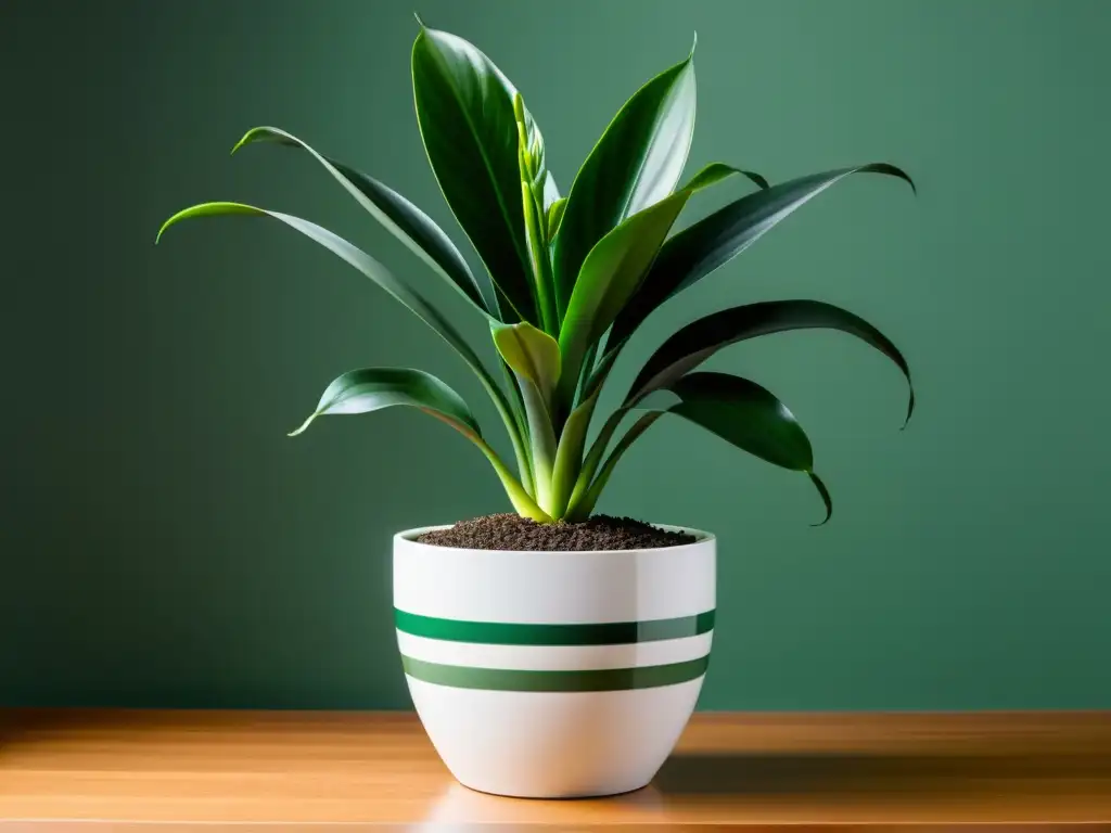 Un elegante y moderno escritorio con una planta de interior sansevieria en una maceta blanca