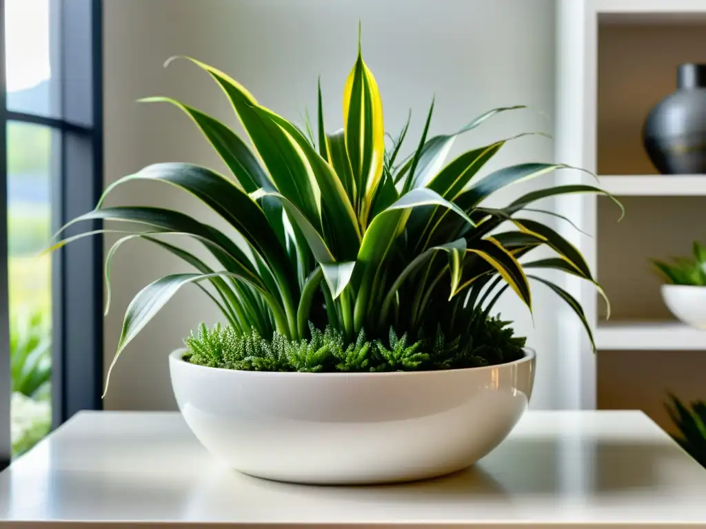 Un elegante y moderno macetero blanco con una combinación inusual de plantas de interior, iluminado por la suave luz natural