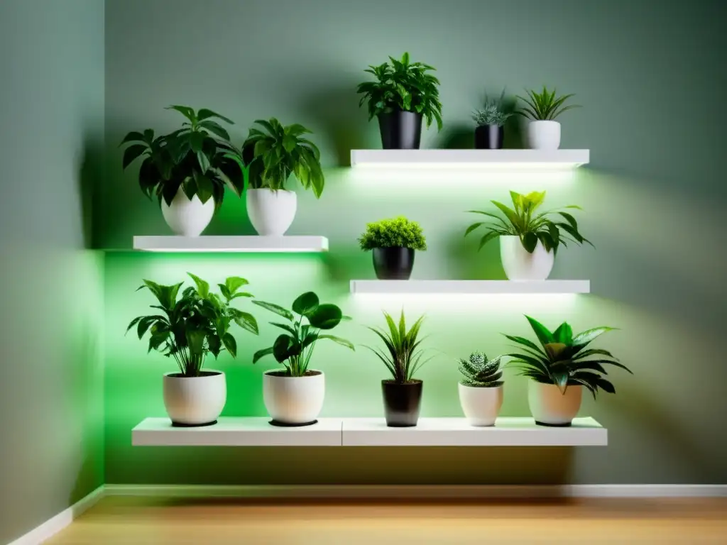 Un elegante montaje de plantas de interior con luces LED, creando una armoniosa composición verde en estantes blancos minimalistas