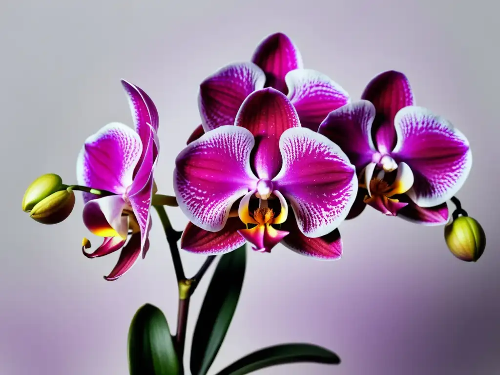 Una elegante orquídea en flor en un fondo blanco limpio