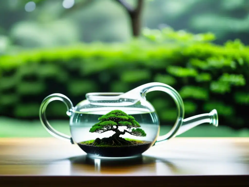Un elegante regador de vidrio para bonsái lleno de agua purificada, reflejando la serenidad de los árboles