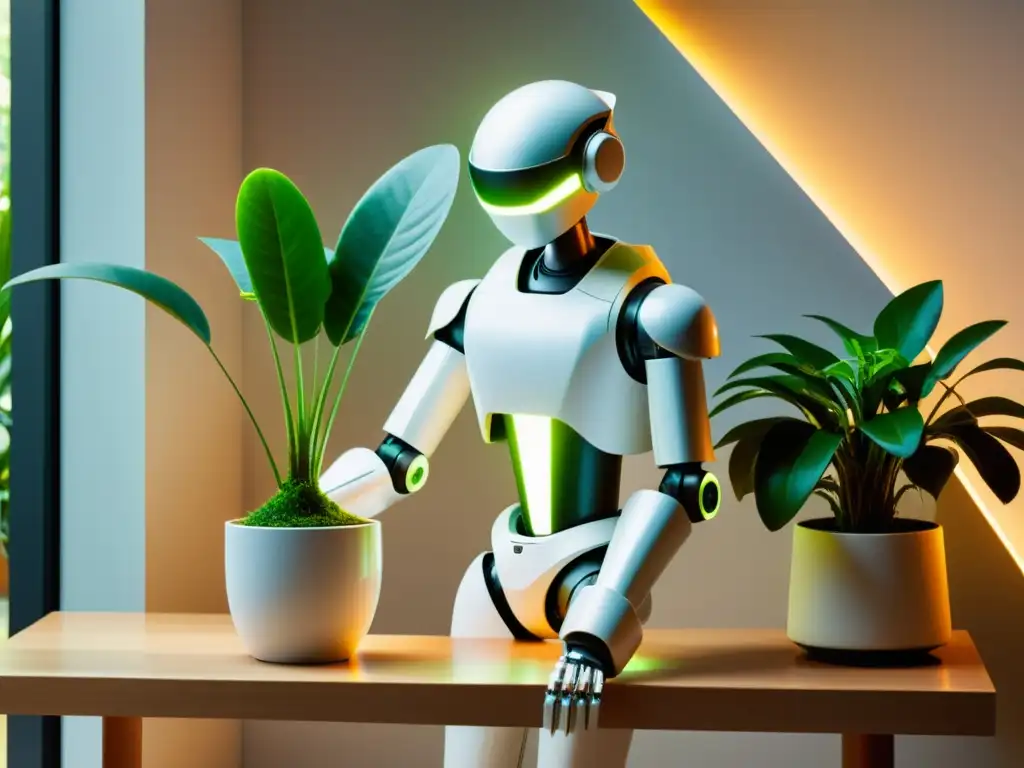 Un elegante robot blanco poda con precisión una exuberante planta verde en un ambiente moderno