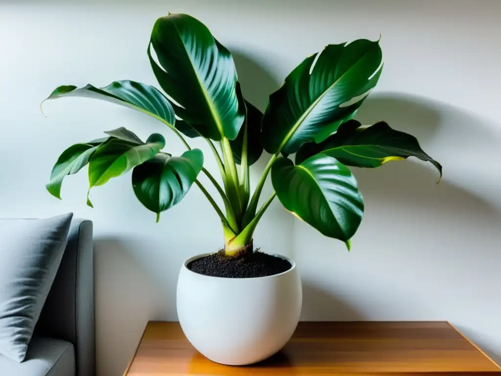 Una elegante sala de estar interior con un exuberante banano en maceta blanca