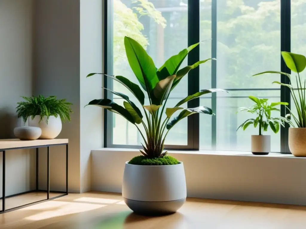 Una elegante sala minimalista con una maceta ecológica para plantas de interior, en armonía con la naturaleza y la responsabilidad ambiental