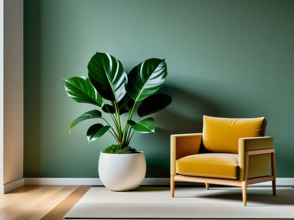 Una elegante sala moderna con una exuberante planta de interior como punto focal, ideal para decorar con plantas de interior