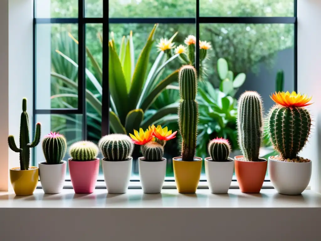 Un elegante salón con cactus exóticos en macetas blancas, iluminado por luz natural