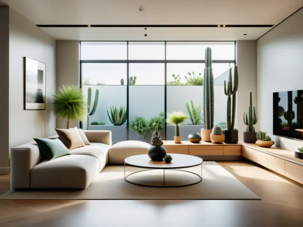 Un elegante salón minimalista con cuidado de suculentas en interiores