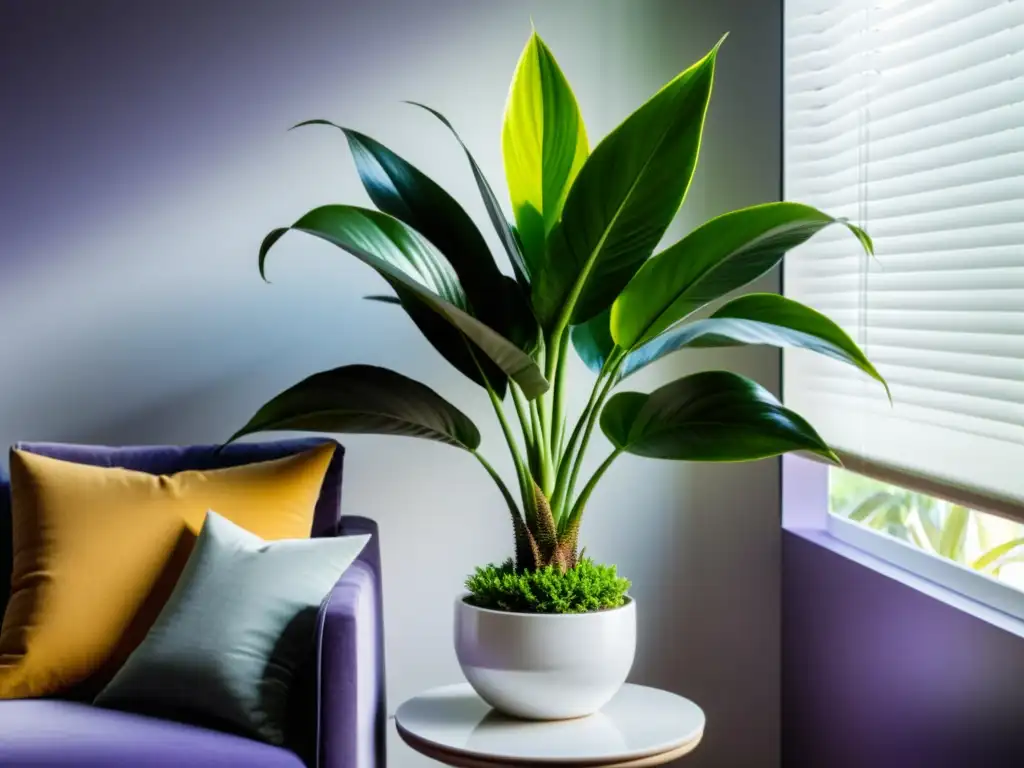 Un elegante salón minimalista con una Dracaena Marginata en interior, resaltando su encanto en un ambiente sereno y acogedor