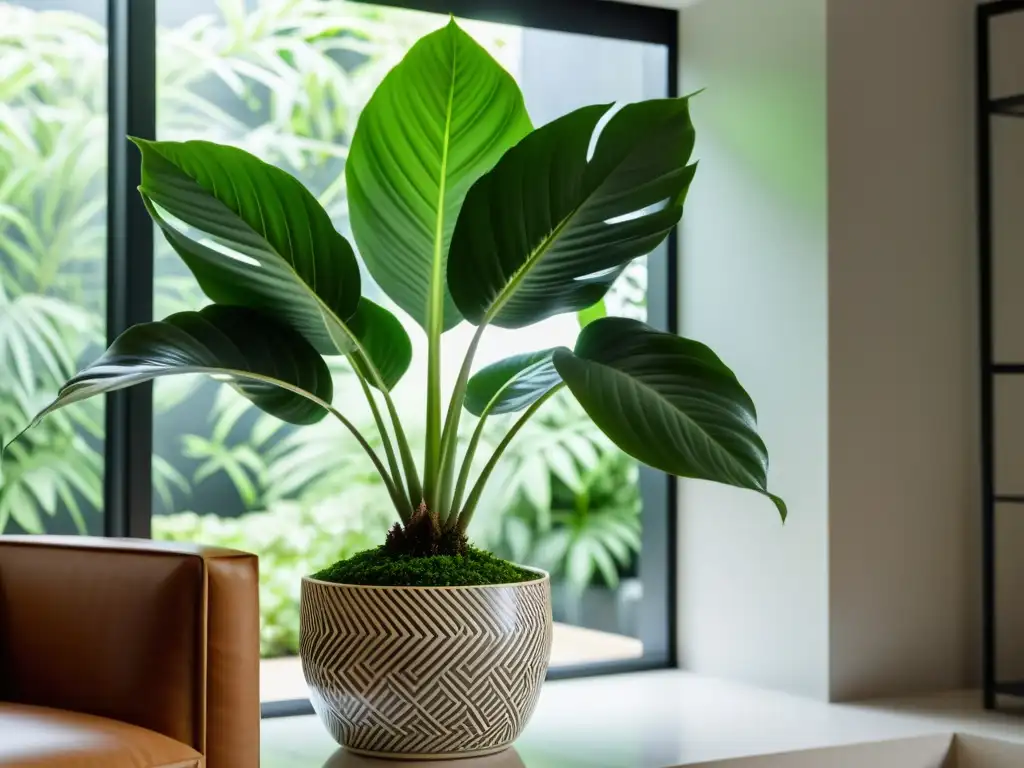 Un elegante salón minimalista con una exuberante planta interior en una maceta geométrica