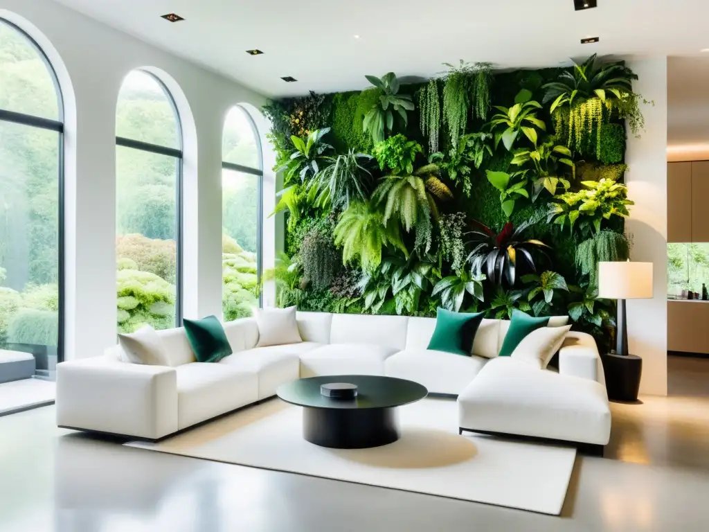 Un elegante salón minimalista con un impresionante muro verde de plantas exuberantes, creando un contraste impactante con el interior blanco impecable