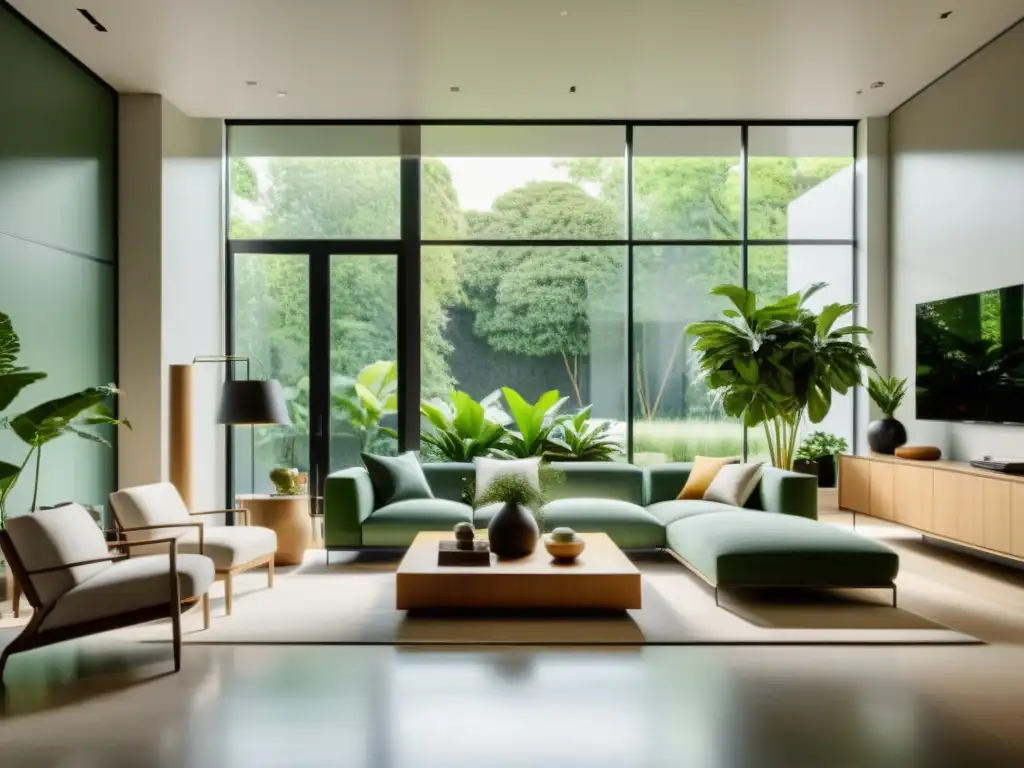 Un elegante salón minimalista con plantas de interior, que realza los beneficios de las plantas de interior en la decoración del hogar