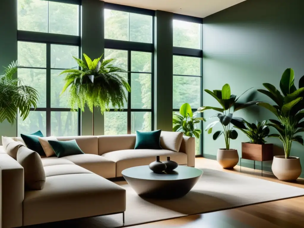 Un elegante salón moderno con plantas de interior y luz natural