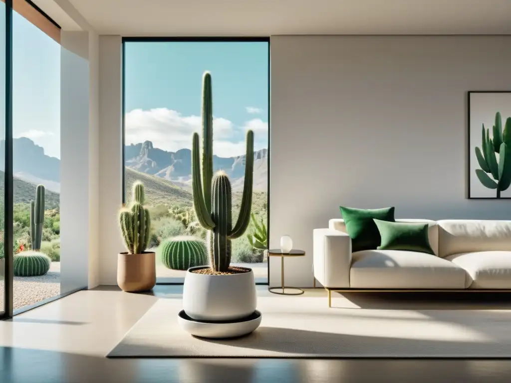 Un elegante salón moderno con un cactus vibrante en una maceta blanca