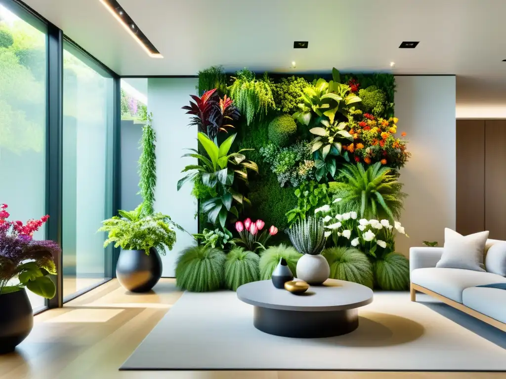 Un elegante salón con jardines verticales para plantas de interior, bañado por luz natural, creando un ambiente sereno y elegante