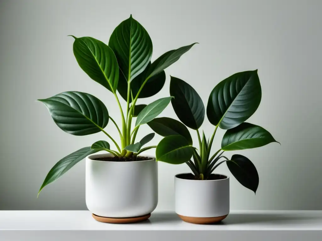 Un elegante y sereno arreglo de plantas de interior en macetas modernas, bañado por luz suave