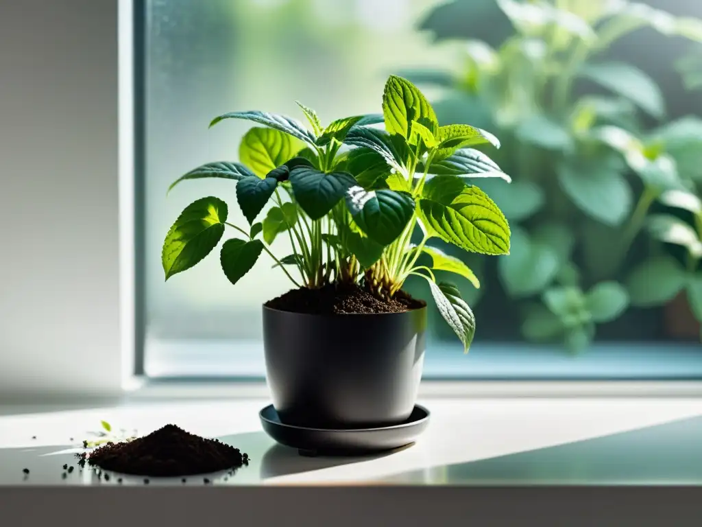 Un elegante setup de jardinería interior con menta fresca emergiendo en un moderno recipiente sobre una mesa blanca iluminada por luz natural