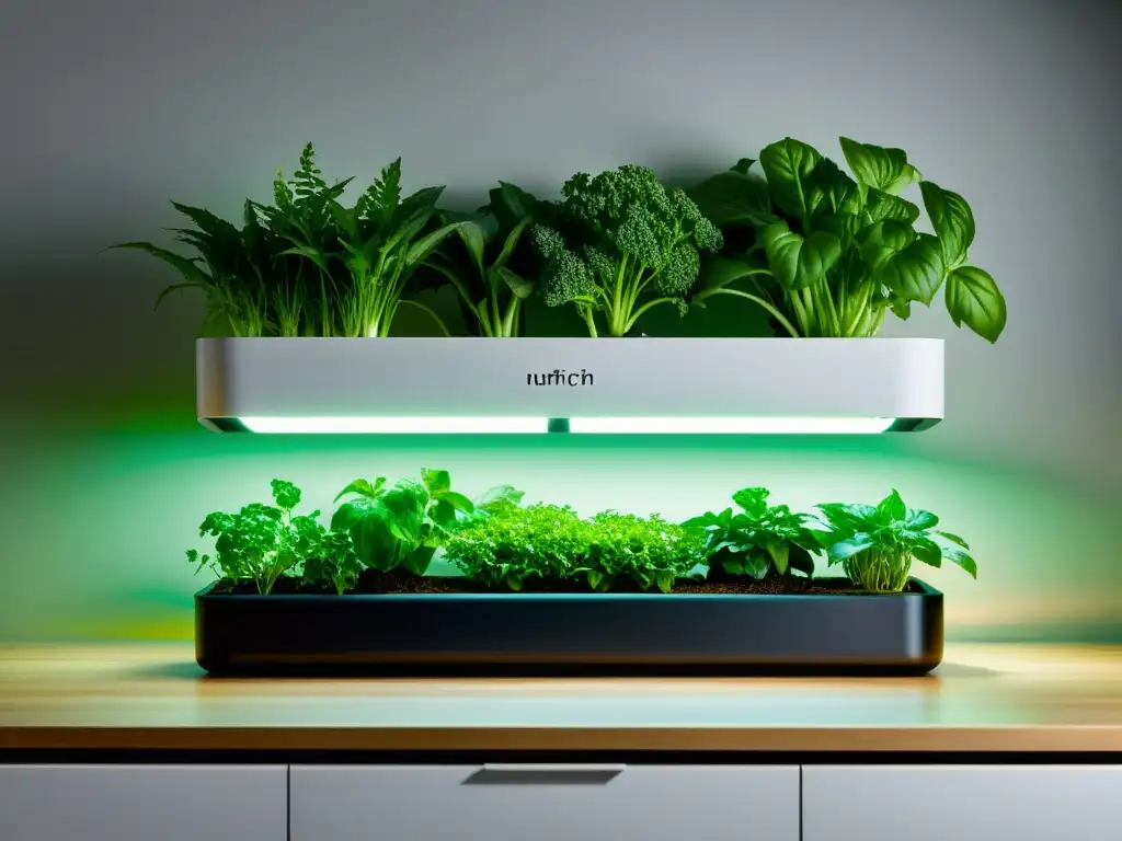 Un elegante sistema hidropónico blanco en un entorno minimalista, iluminado por luces LED cálidas, muestra plantas vibrantes y saludables