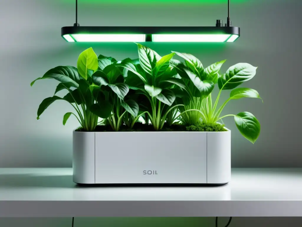 Un elegante sistema hidropónico de interior con plantas verdes vibrantes en un entorno minimalista y futurista