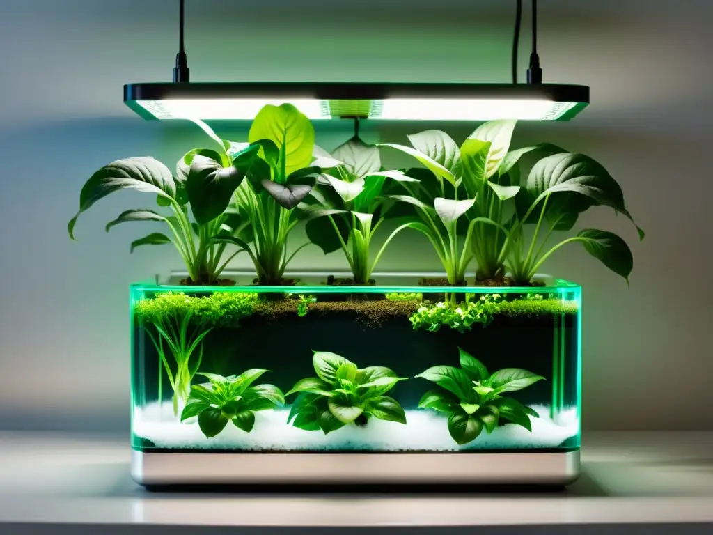 Un elegante sistema hidropónico interior con plantas exuberantes