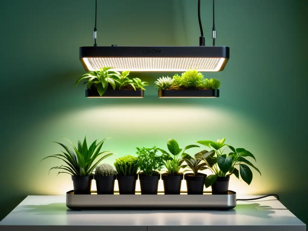 Un elegante sistema de iluminación LED para plantas de interior, con luces suaves que realzan el verdor de las plantas