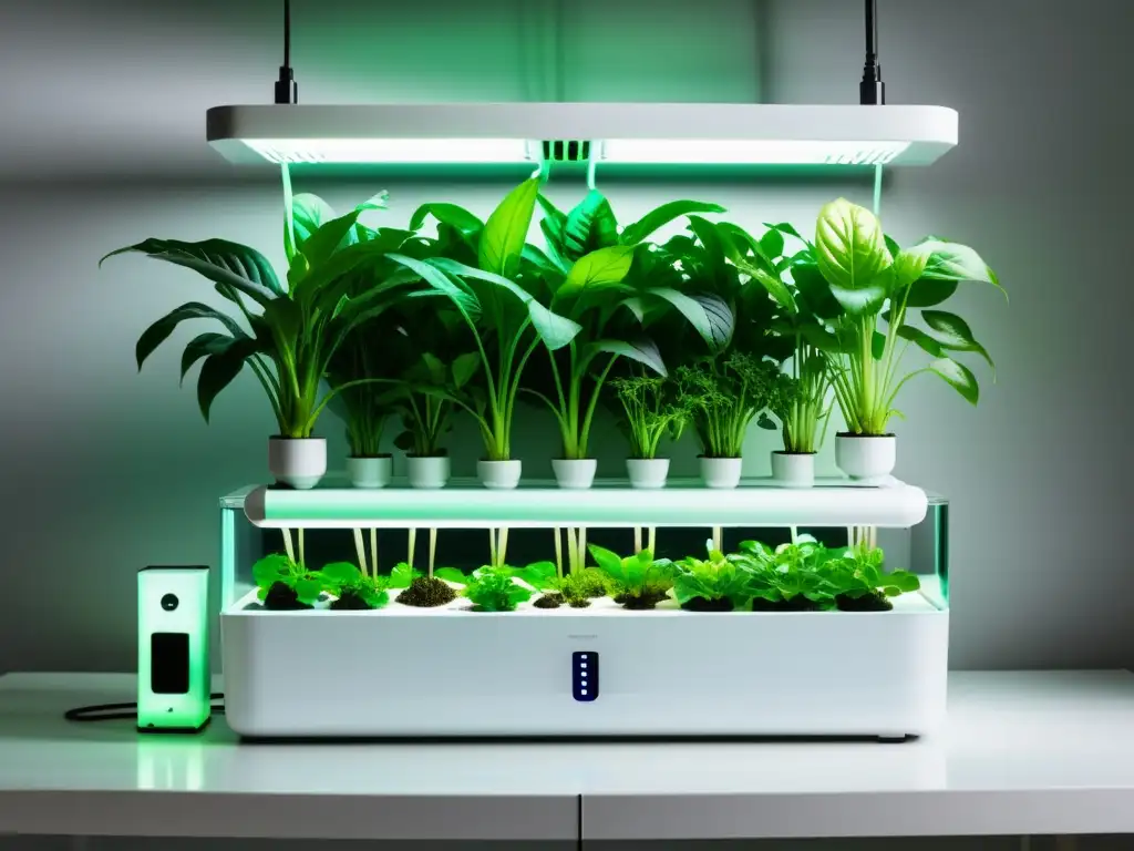 Hydroponía doméstica moderna: elegancia y eficiencia Un elegante sistema de riego automático para hidroponía en casa con líneas limpias, color blanco y plantas verdes vibrantes