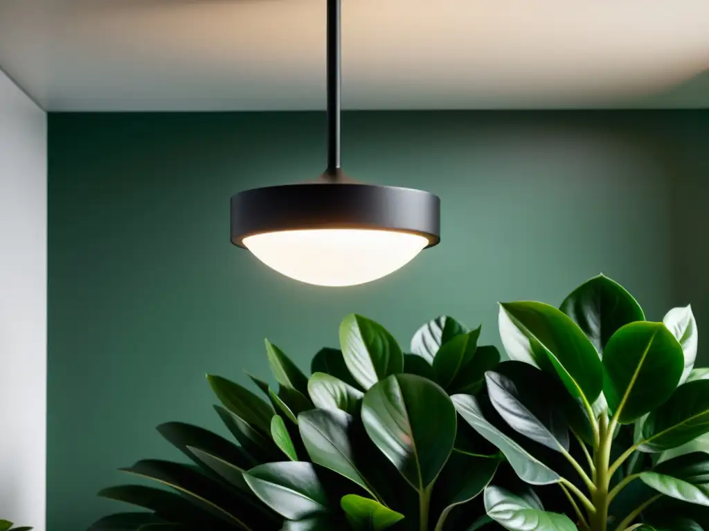 Una elegante solución de iluminación para plantas de interior, con un moderno y minimalista aplique suspendido sobre exuberante vegetación