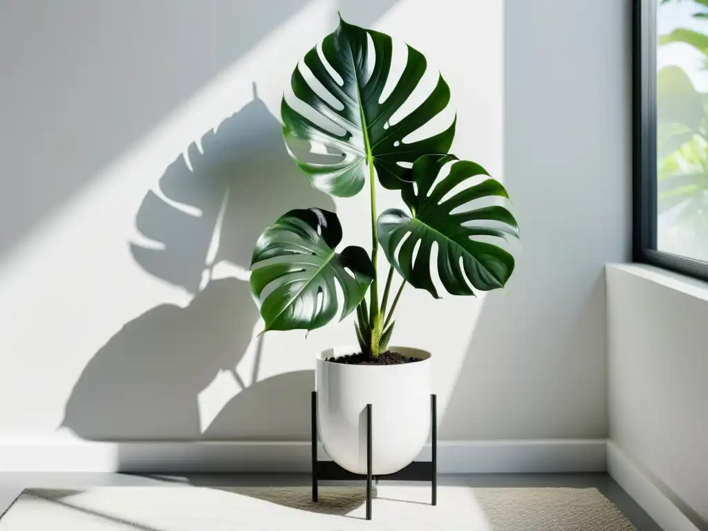 Un elegante soporte metálico negro exhibiendo una exuberante monstera en maceta blanca, destacando contra una pared blanca con luz natural