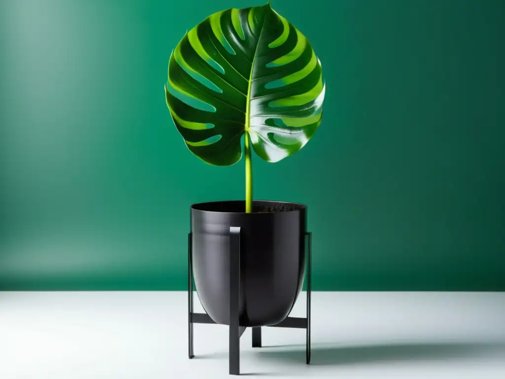 Un elegante soporte negro de metal sostiene una exuberante planta monstera deliciosa