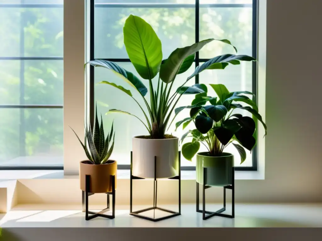 Un elegante soporte para plantas de interior con variedad de plantas en macetas geométricas, bañadas por la luz del sol