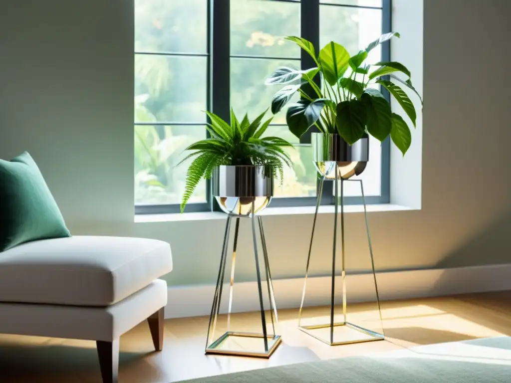 Espectacular soporte de plantas con plantas verdes exuberantes Un elegante soporte para plantas de interior, con diseño contemporáneo y plantas exuberantes en macetas geométricas, bañadas por la cálida luz natural