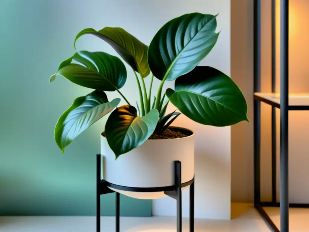 Un elegante soporte para plantas interiores con una variedad de exuberantes plantas verdes, bañadas en luz suave