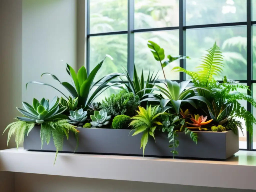 Un elegante taller de jardinería interior con plantas vibrantes y modernos maceteros, bañado por una suave luz natural