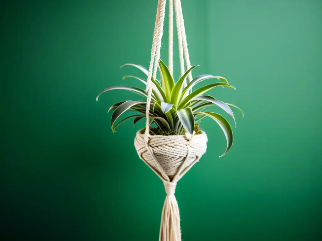 Una elegante técnica de macramé para plantas aéreas destaca en un moderno colgador de plantas, con un detalle preciso y una planta aérea vibrante