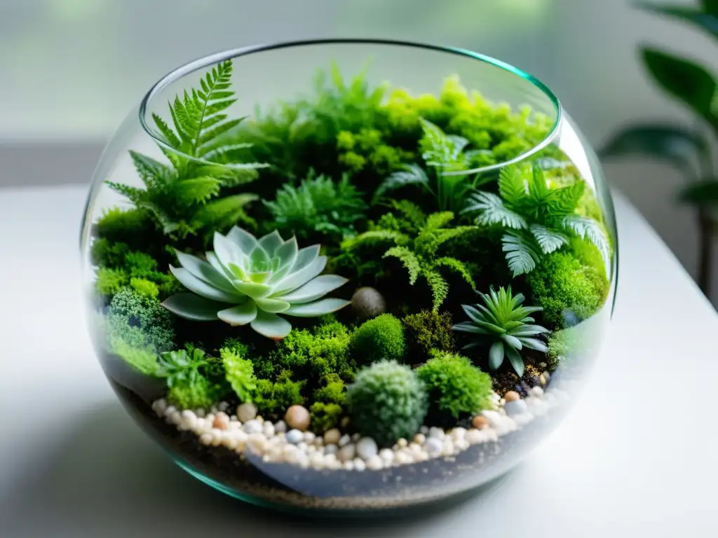 Un elegante terrario de cristal con exuberantes musgos, helechos delicados y vibrantes plantas en miniatura