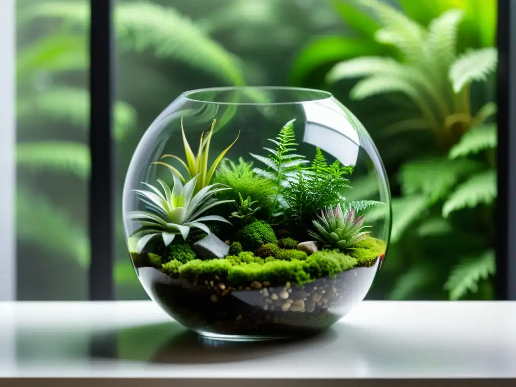 Un elegante terrario de cristal con musgo verde exuberante, rocas pequeñas y una delicada combinación de helechos enanos y plantas de aire