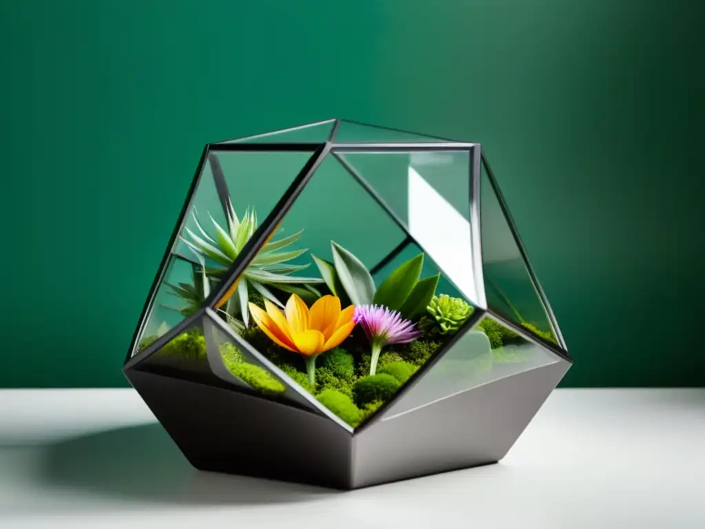 Un elegante terrario minimalista con plantas exuberantes y flores delicadas, añadiendo natural elegancia a un espacio moderno