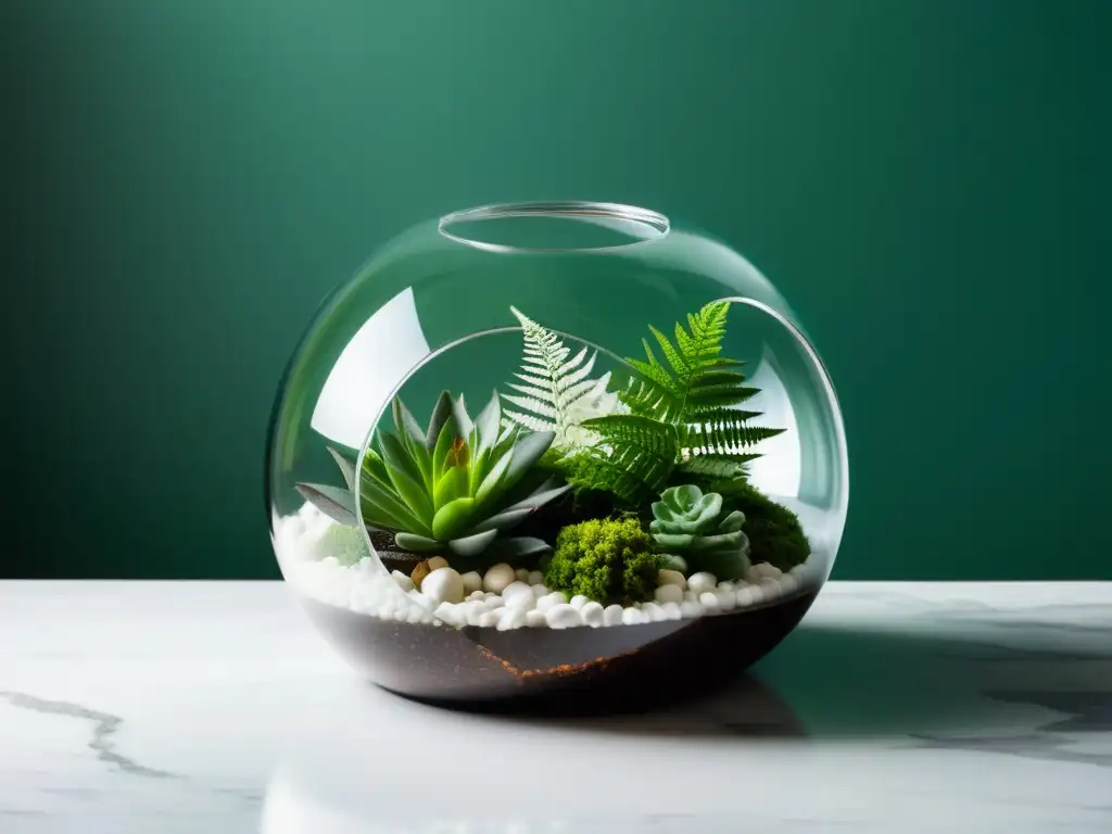 Un elegante terrario moderno con plantas de interior en un entorno sofisticado