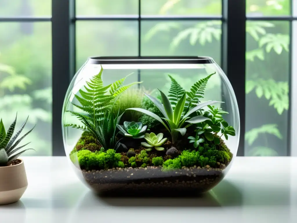 Un elegante terrario moderno con plantas de interior para mini jardines, iluminado por la luz del sol