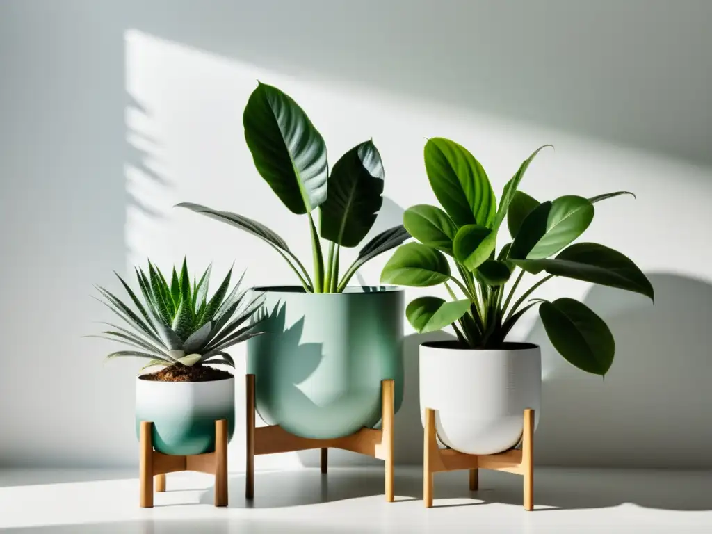 Un elegante y vibrante stand de plantas en interior con variedad de macetas y tonos verdes