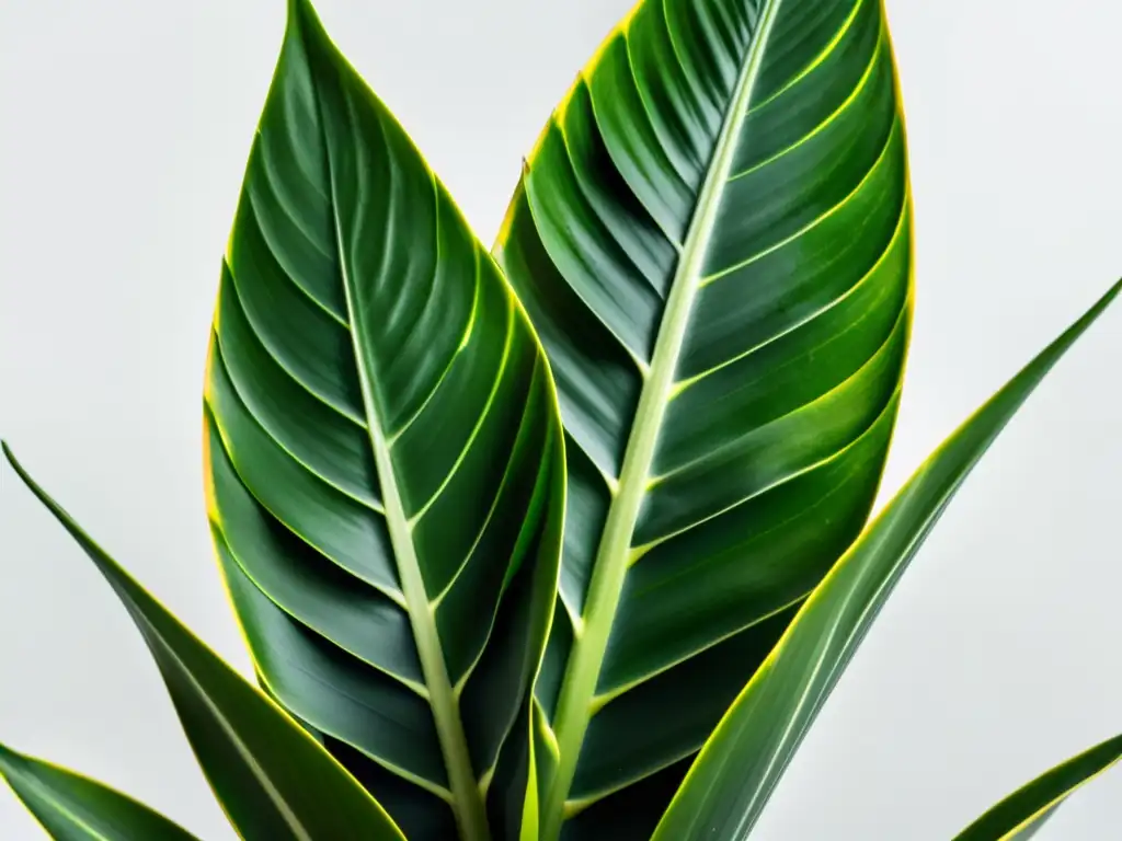 Un enfoque detallado de la exuberante planta serpiente (Sansevieria trifasciata) en un fondo blanco, resaltando su elegante follaje y texturas