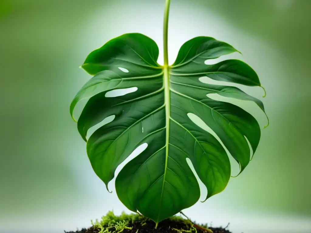 Un enfoque detallado de una planta Monstera Deliciosa con capas de aire visibles, exudando precisión y minimalismo